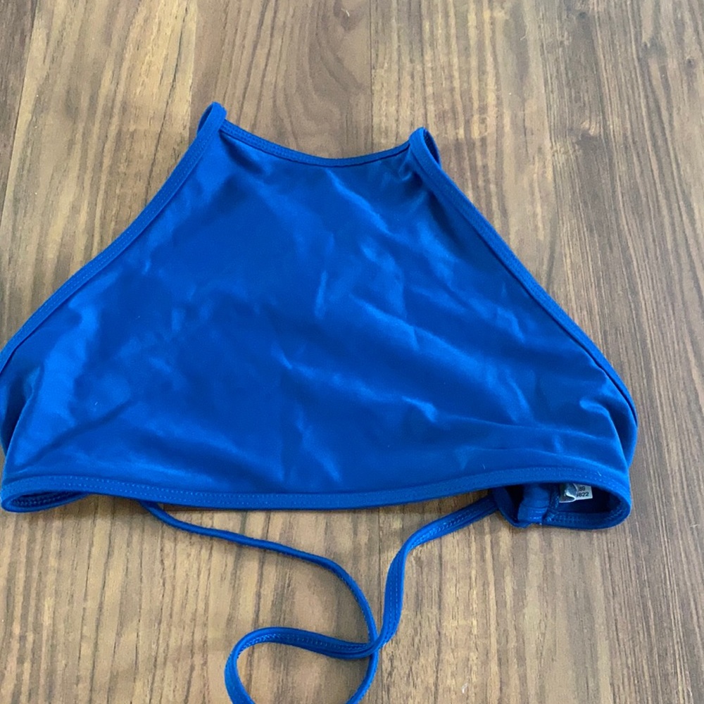 Dark blue high neck bikini top with crossover back